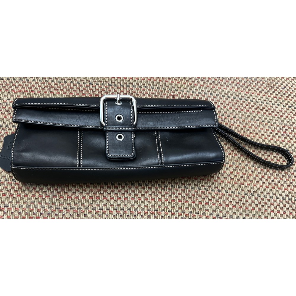 Apostrophe Genuine Leather Buckle Clutch Purse Wristlet black